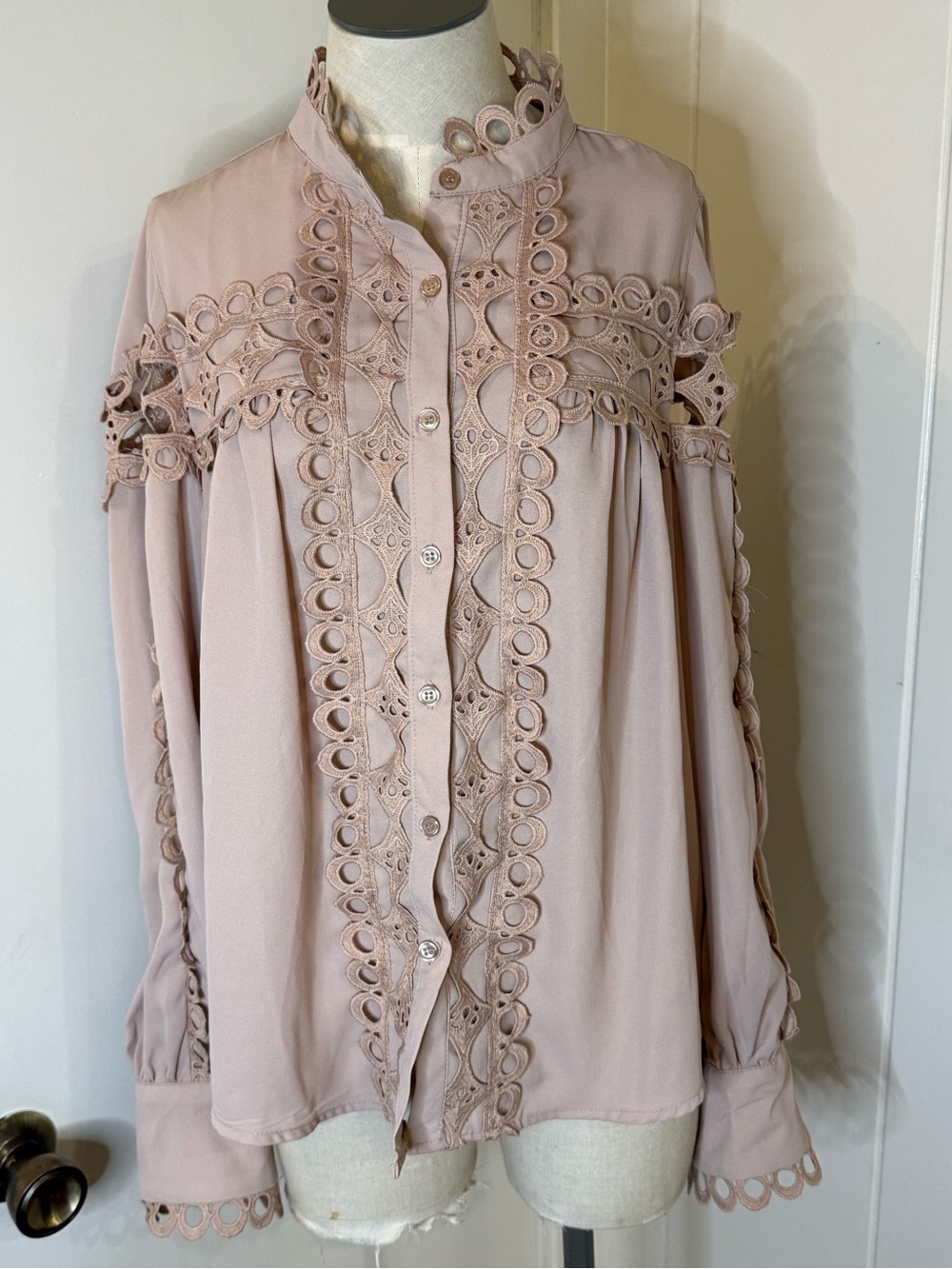 Alice Blue Lace-Trim Button Down Shirt - Blush Beige Sz L